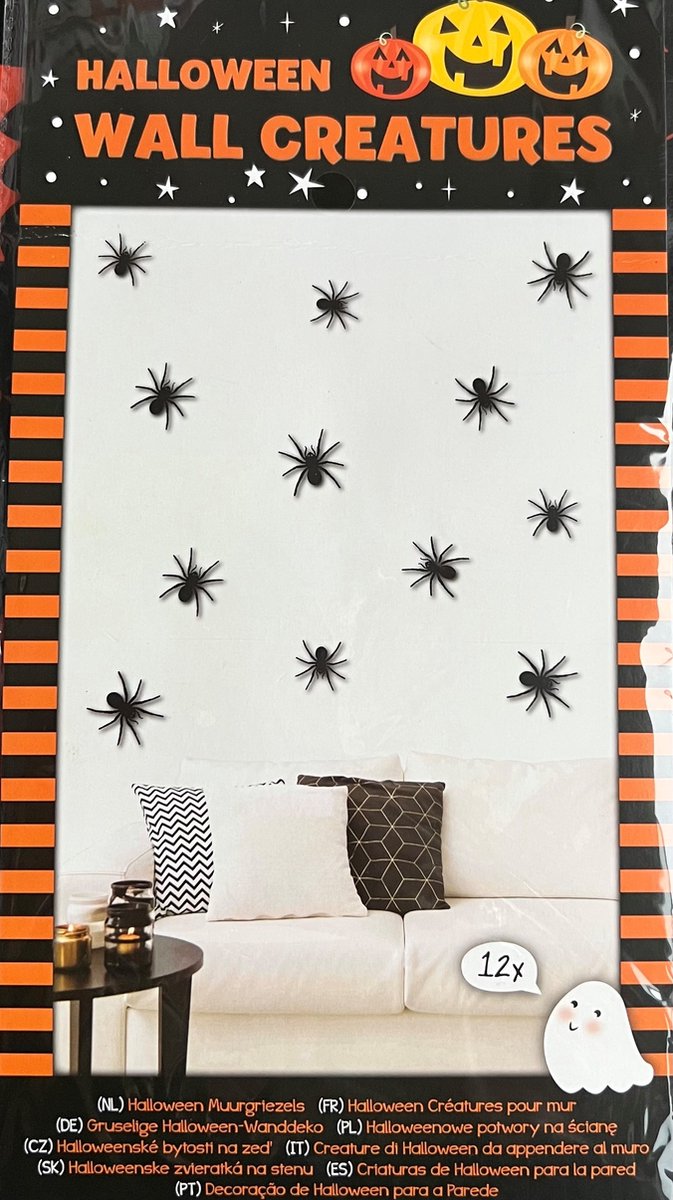 Halloween - decoratie - versiering - 12x spinnen voor aan de muur - muurstickers - spider - 12 cm groot - 3D effect