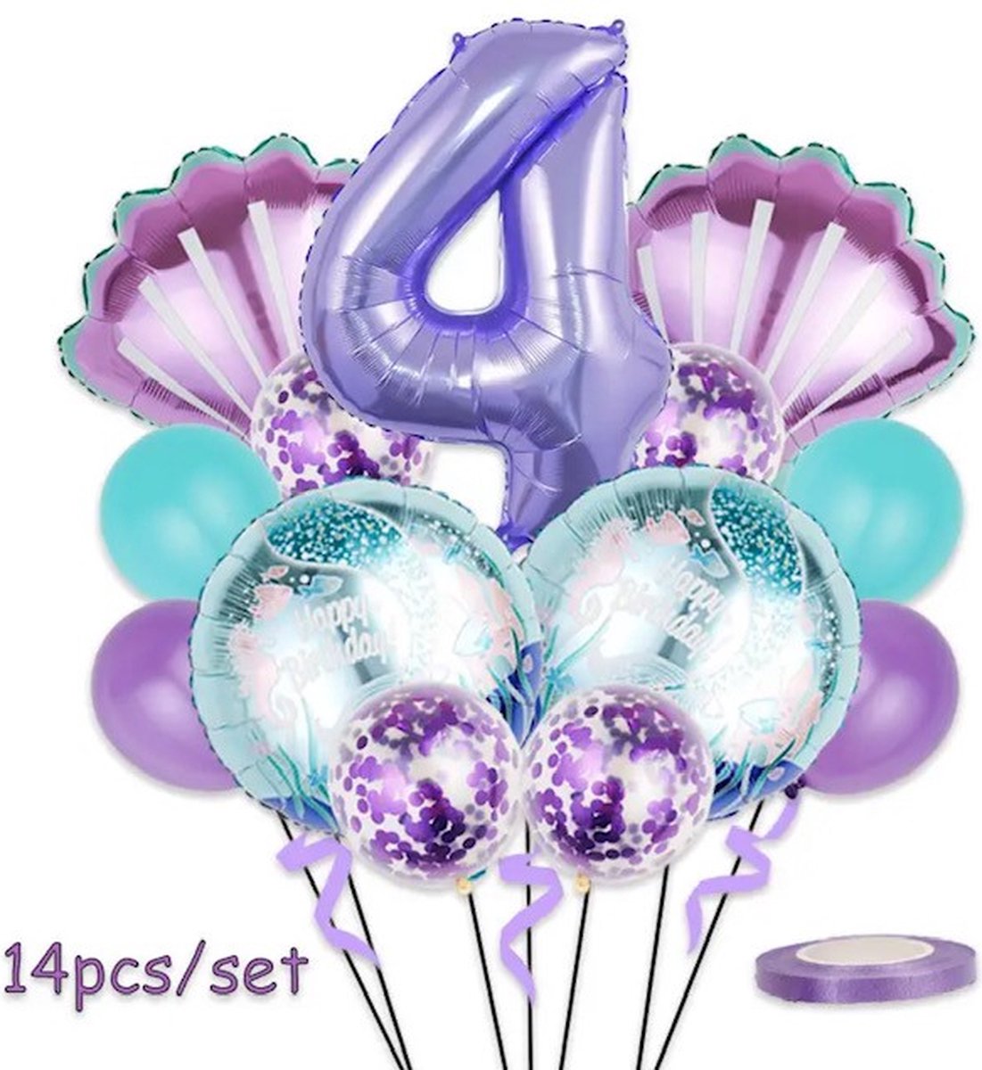Zeemeerminnen Ballonnen pakket - 4 Jaar - Mermaid Ballonnen - 14 Stuks - Verjaardag Versiering / Feestpakket - Ballonnen set - Kinderfeestje Zeemeermin - Paarse ballonnen - Turquoise ballonnen - Happy Birthday