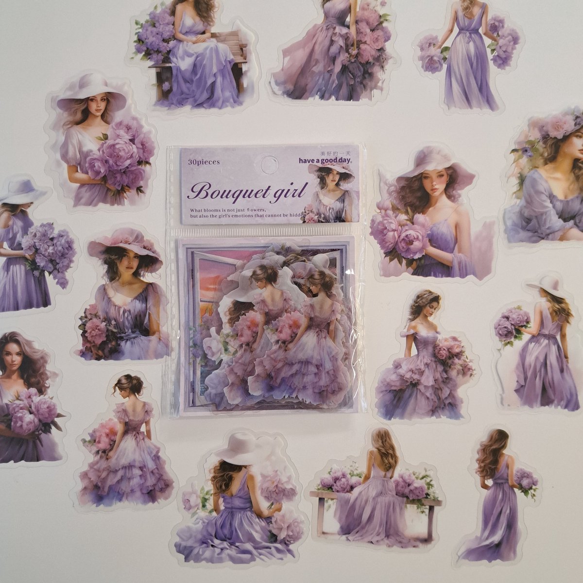 Bouquet girl stickers - transparante stickers - 30 stuks - Scrapbook - Bullet journal stickers - Paars - Bloemen - laptop stickers - Stickers volwassenen en kinderen