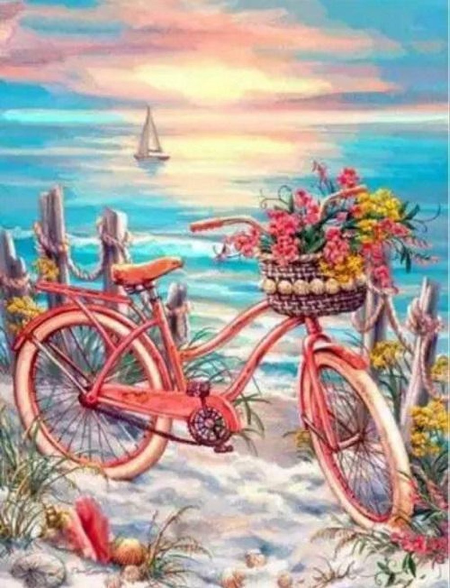 Diamond painting 40 x 50 cm fiets met zons ondergang volledige bedrukking ronde steentjes direct leverbaar - fiets - bike - mand - zon - strand - zeilboot - oceaan - zee - schelpen -