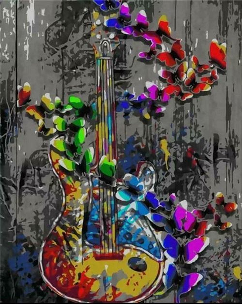 Diamond painting 40 x 50 cm gitaar met bloemen volledige bedrukking ronde steentjes direct leverbaar - gitaar - gitarist - rock -  regenboog