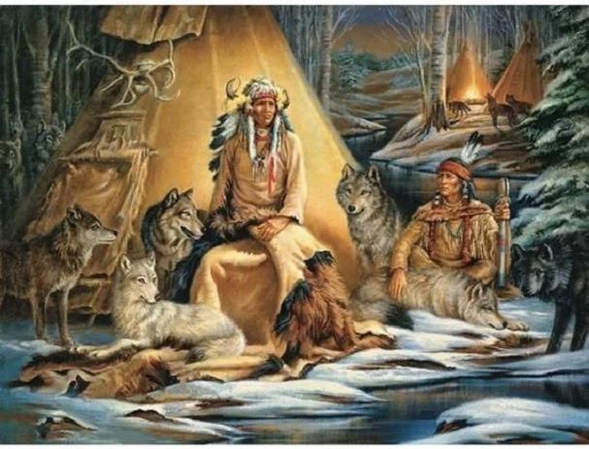 Diamond painting 40 x 50 cm indiaan met wigwam volledige bedrukking ronde steentjes direct leverbaar - indianen - wigwam - wolf - wolven -  tooi -  indianen stam - tent - gewei - sneeuw - natuur - uniek