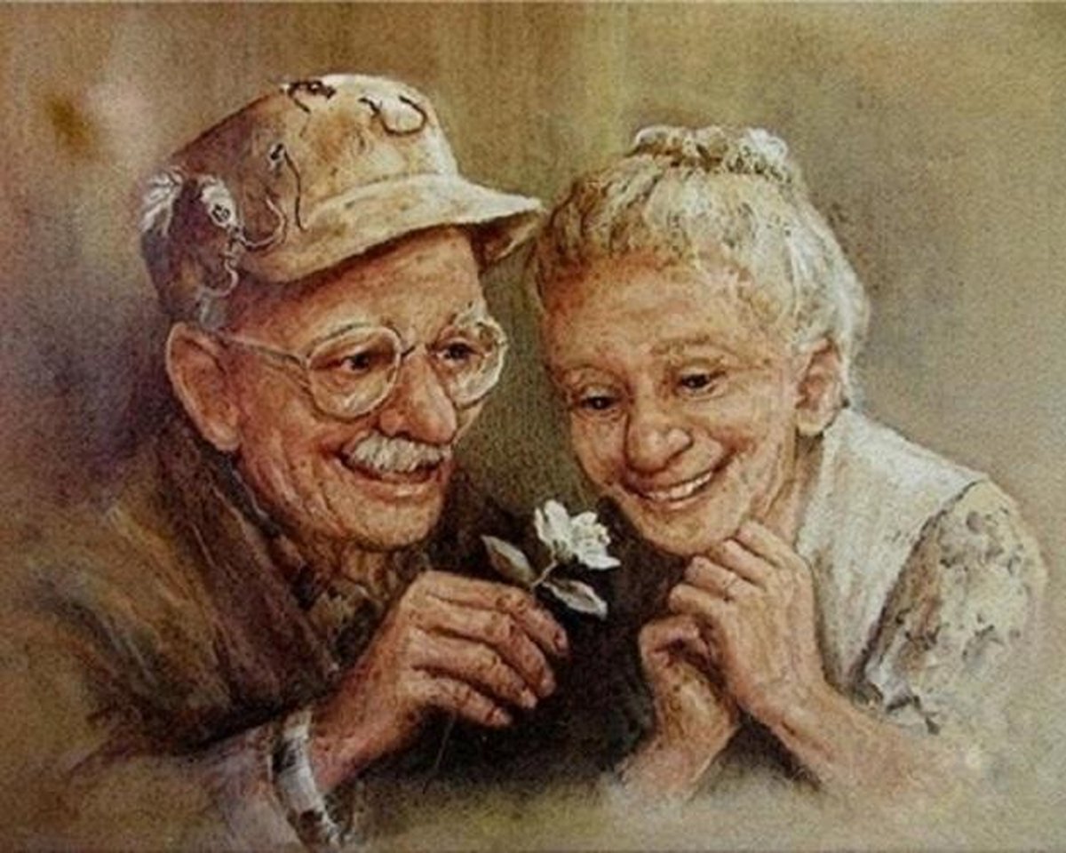 Diamond painting 40 x 50 cm opa oma verliefd volledige bedrukking ronde steentjes direct leverbaar - oud - ouderwets - vroeger - opoe - oma - bloem - geluk