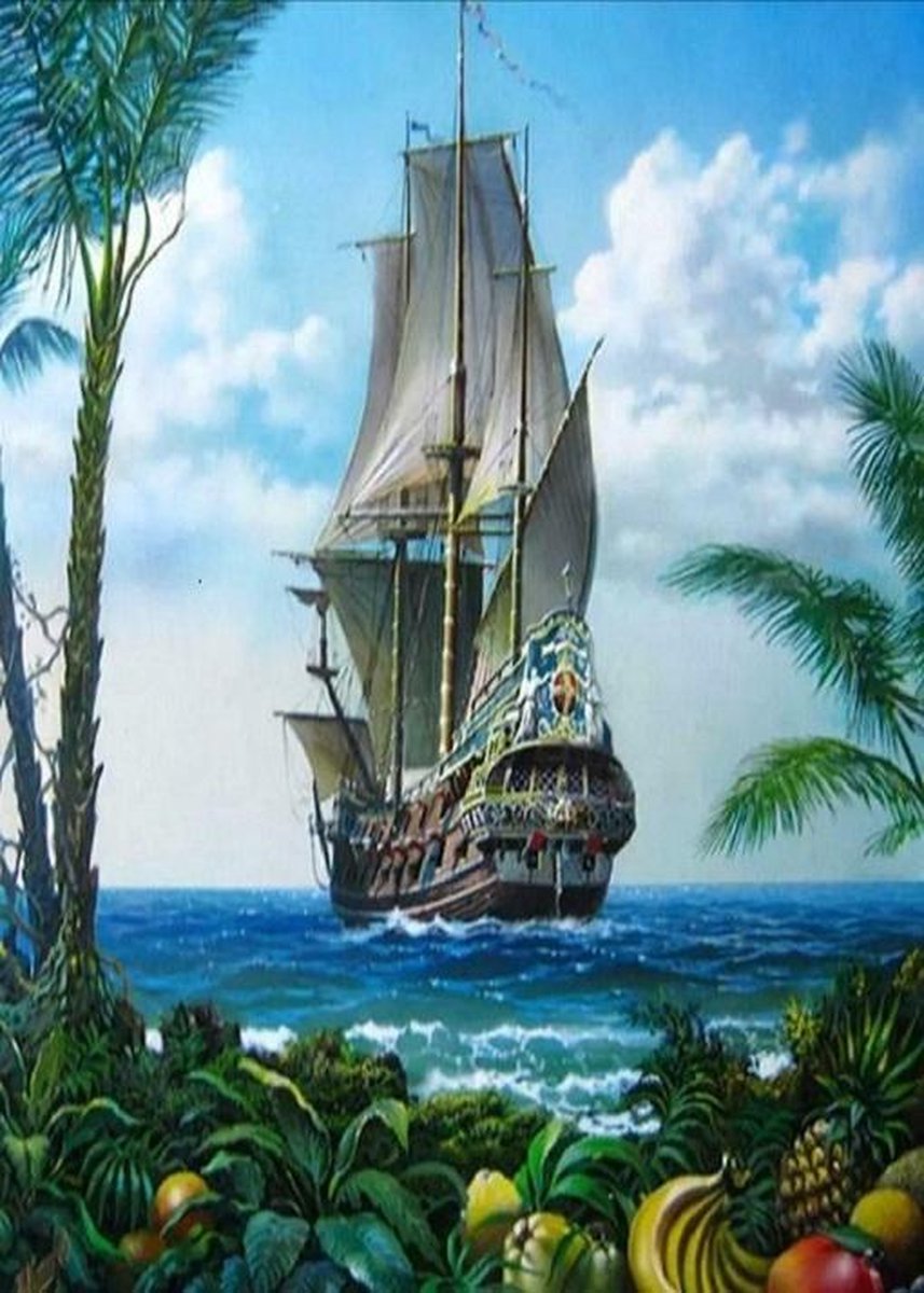 Diamond painting 40 x 50 cm piraten schip volledige bedrukking ronde steentjes direct leverbaar - zeil schip - boot - piraat - palm - zee - fruit - strand