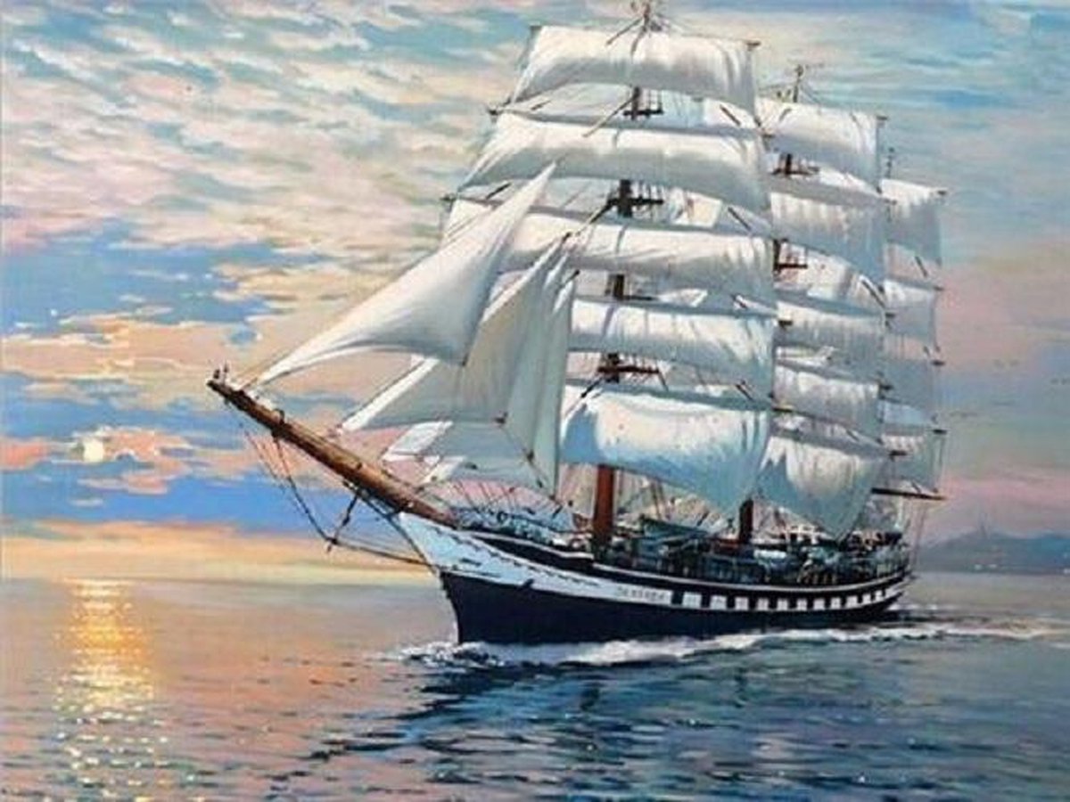 Diamond painting 40 x 50 cm zeilboot volledige bedrukking ronde steentjes direct leverbaar - ship - zeil boot - vlaggen schip - oceaan -  mast - piraten -