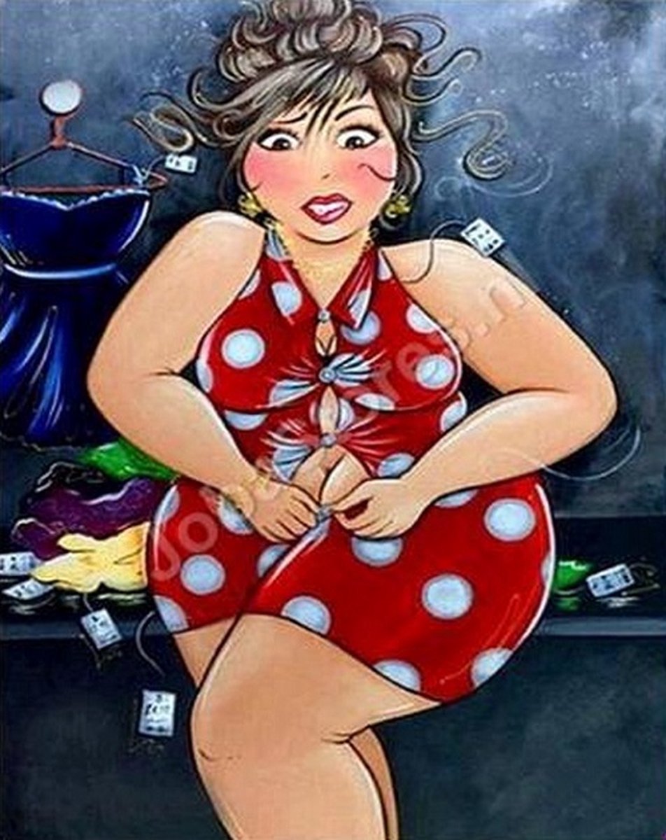 Diamond painting Dikke dames in een rode jurk 40 x 50 cm volledige bedrukking ronde steentjes direct leverbaar fat - lady - dikke - dame - rood - jurkje