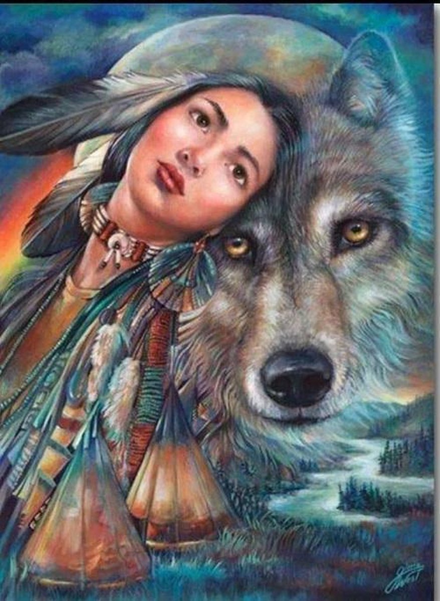 Diamond painting indiaan met wolven kop 40 x 50 cm volledige bedrukking ronde steentjes - indiaan - vrouw - wolf - rivier - natuur - landschap - direct leverbaar - nieuw - complete diamond.