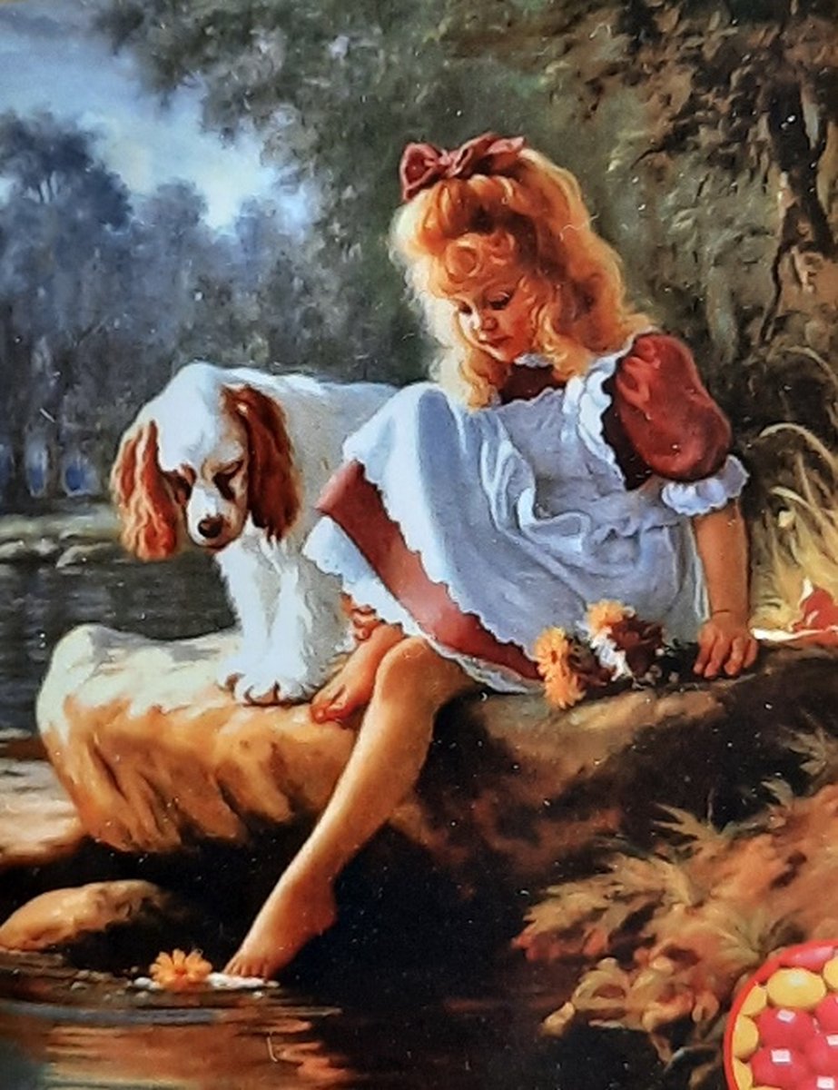 Diamond painting jong meisje met hond 40 x 50 cm volledige bedrukking ronde steentjes direct leverbaar - hond - rood harig meisje - vijver - bloem - boeket - water - voetje baden -  natuur - bomen