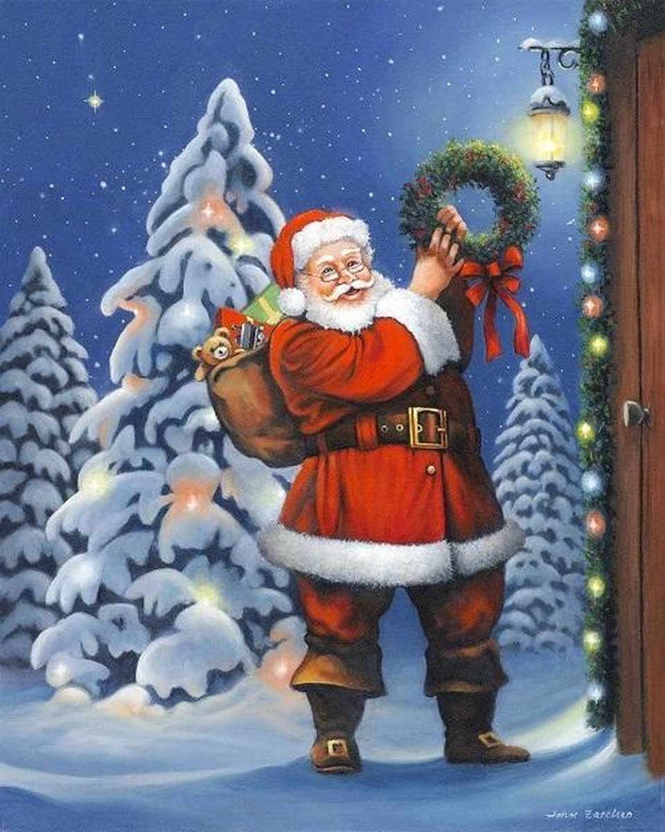 Diamond painting kerstmis kerstman buiten met beer in de sneeuw unieke painting 40 x 50 cm volledige bedrukking ronde steentjes direct leverbaar Christmas - kerst -  krans - kerstman - gezelligheid - december - kerstboom