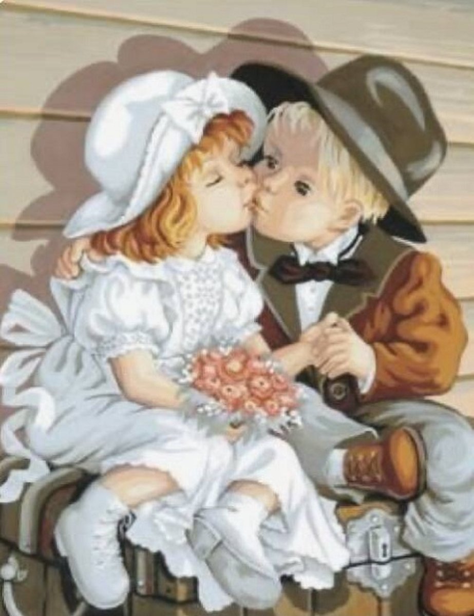 Diamond painting meisje jongen verliefd uniek afbeelding 40 x 50 cm volledige bedrukking ronde steentjes direct leverbaar - in love - boy - girl - kleding dracht - bloemen - vroeger - muts - hoed - diamant peinture