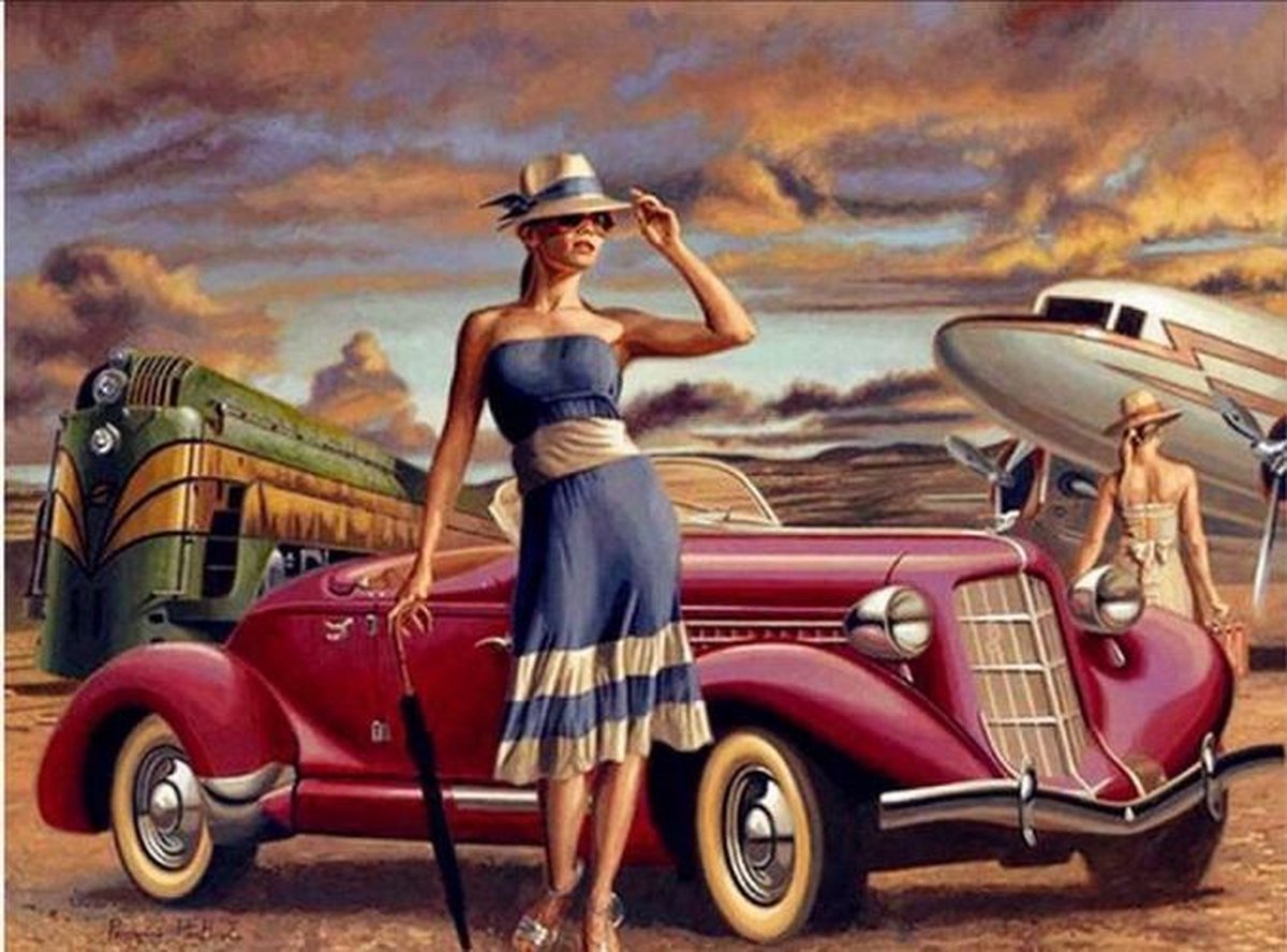 Diamond painting oldtimer klassieke auto 40 x 50 cm volledige bedrukking ronde steentjes direct leverbaar - trein - vliegtuig - oud - vroeger - Cadillac
