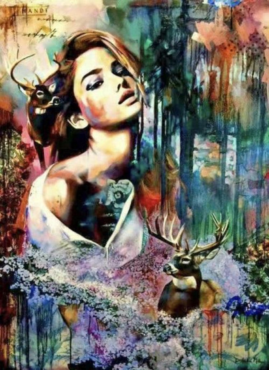 Diamond painting  vrouw gekleurd schilderij 40 x 50 cm volledige bedrukking ronde steentjes direct leverbaar - vrouw - ree - hert - fantasie - uniek exemplaar