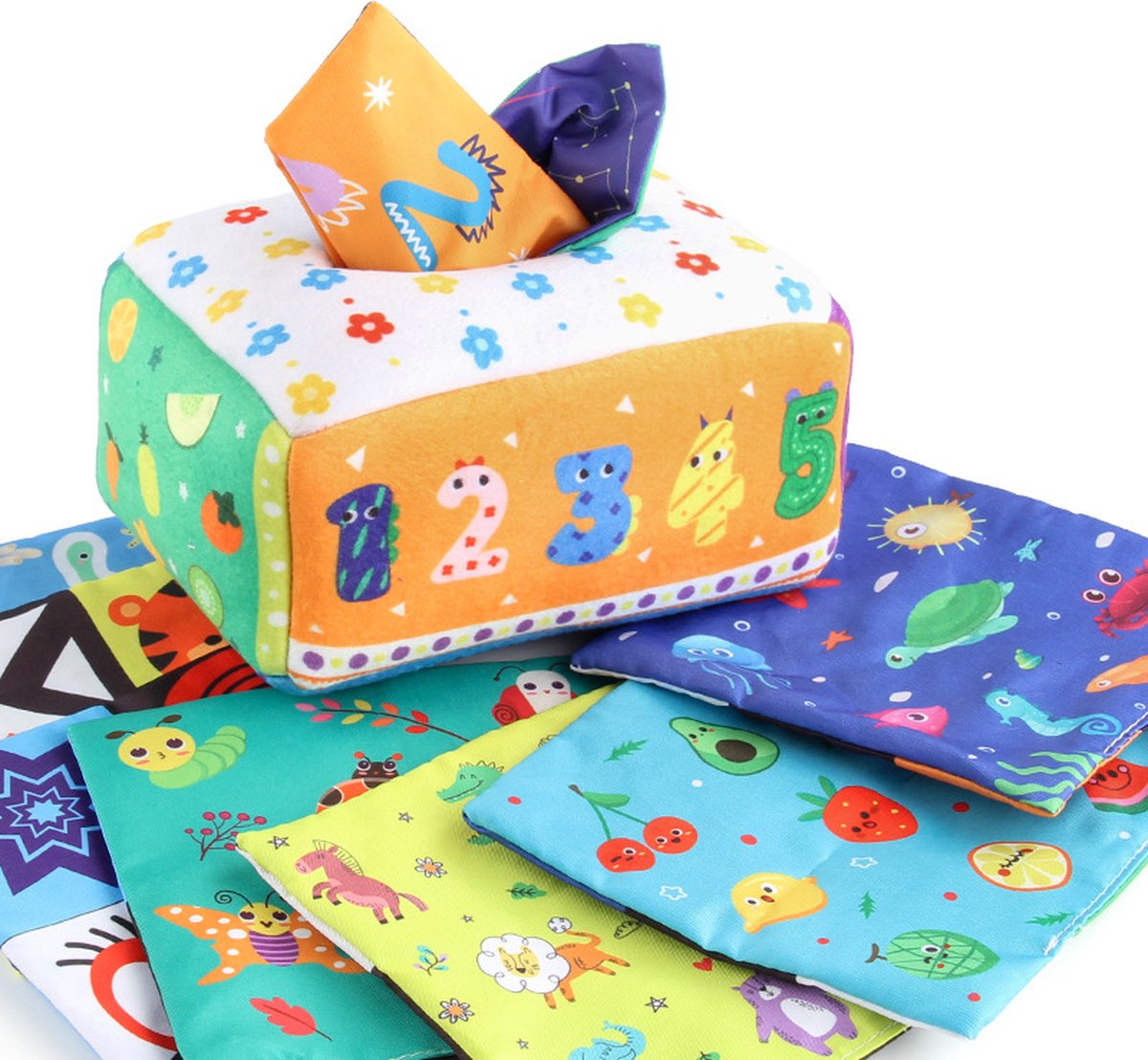 Magic Tissue Box - Baby Speelgoed - Dreumes Speelgoed - Cijfers - Alfabet - Educatief Spelen - Montessori - Baby Doekjes Spel - Zintuigen Oefenen - Cadeau Dreumes - Cadeau Peuter - Baby Spel - Zelfstandigheid Stimuleren - Ontwikkeling Fijne Motoriek