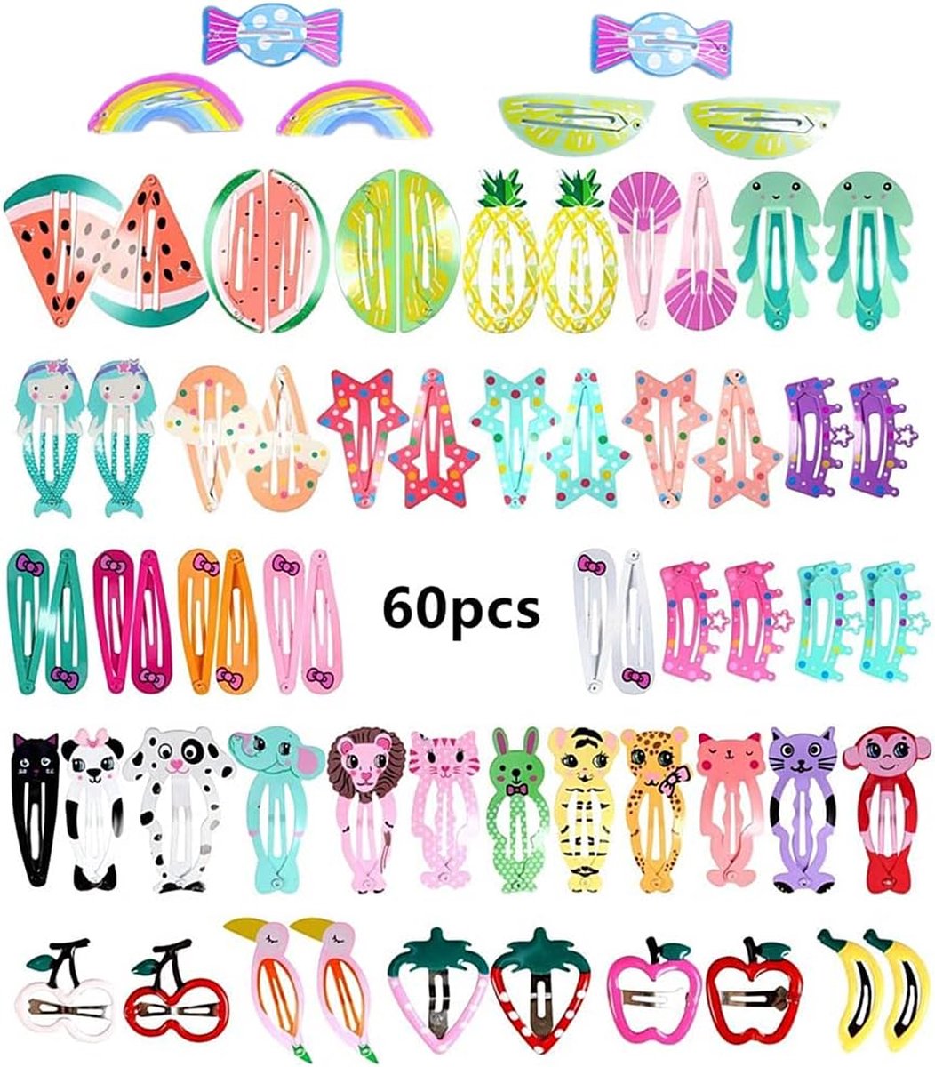 Haarspelden voor meisjes, 60 stuks, karikatuurontwerp, fruit en dieren, metalen print, haarclips voor meisjes en kinderen, willekeurige stijl