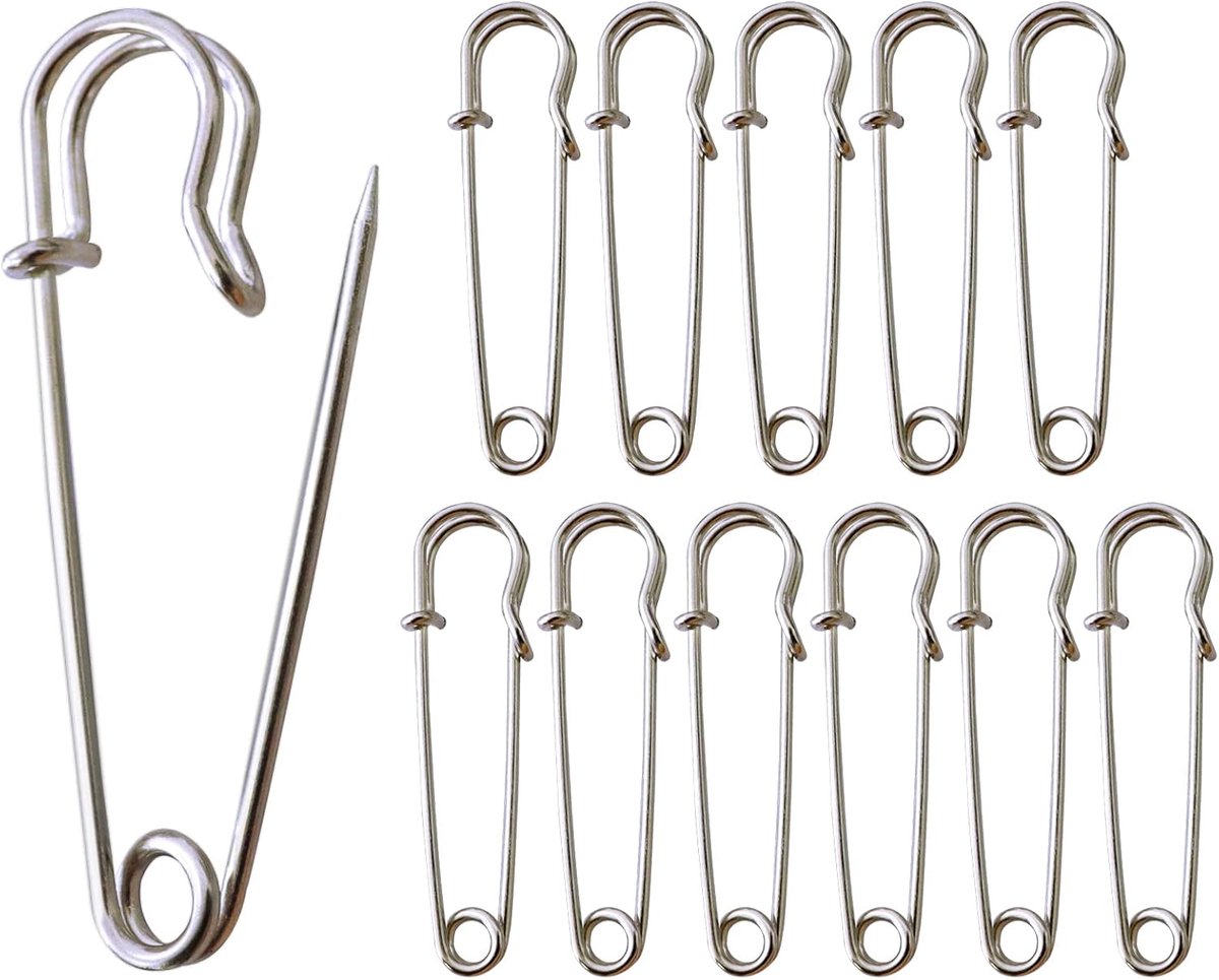 Large Safety Pins, 12 Pcs Heavy Duty Blanket Pins, 2.5 Inch Kilt Pens, Stainless Steel, Nickel siliver 12Pcs, 2.5 inch