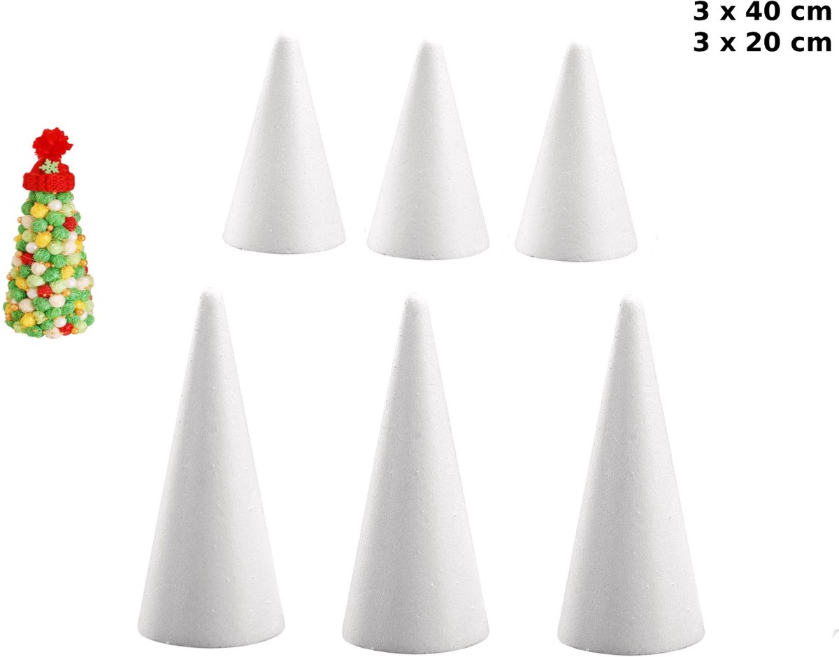 Piepschuim kegels set – 6 stuks (3×20 cm + 3×40 cm) – schuim kegels voor kerstdecoratie, bloemstukken en DIY knutselprojecten
