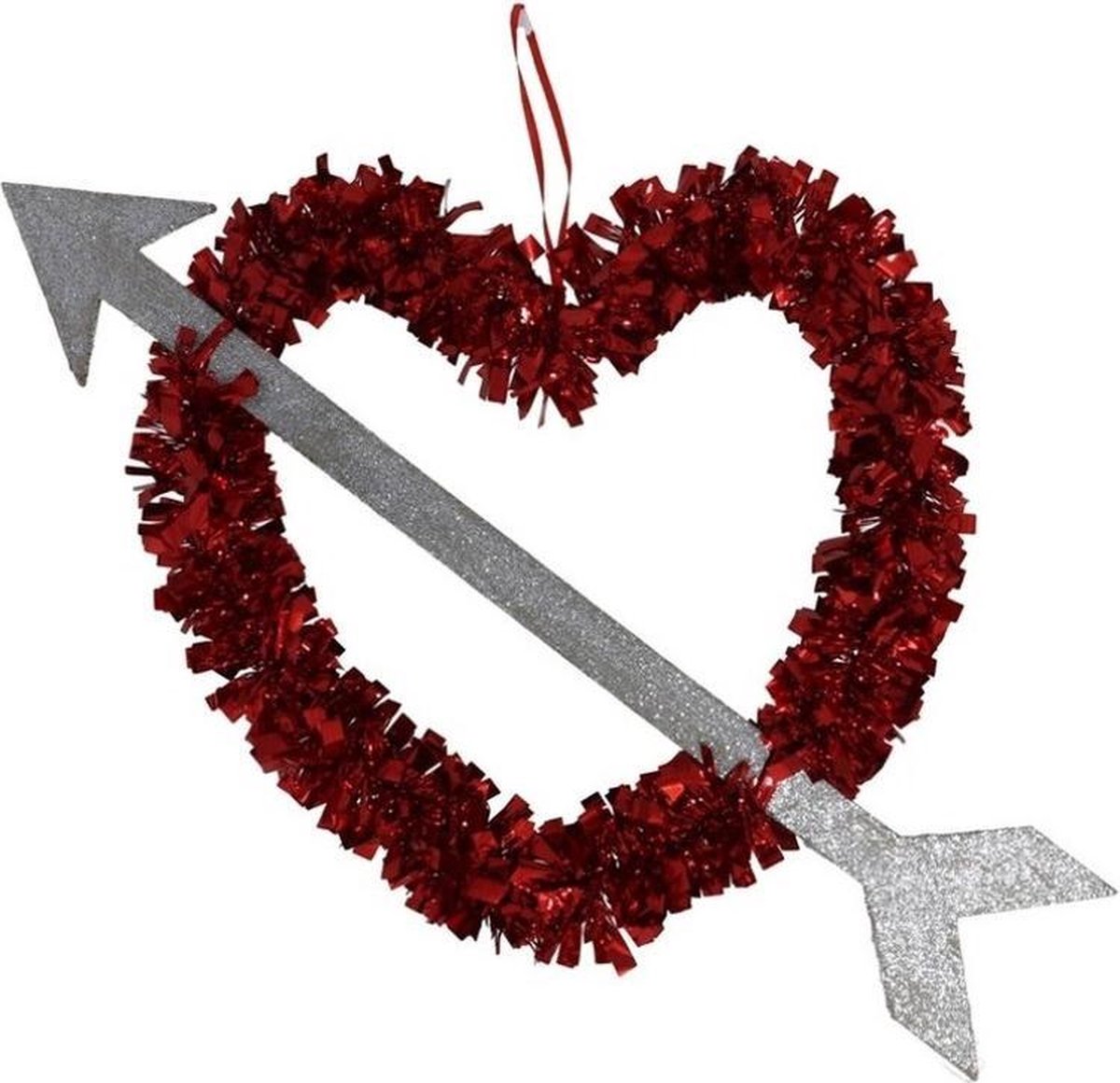 1x Valentijnsdag/bruiloft versiering hangend hart met pijl 45 cm - Lametta folie hangdecoratie hartjes