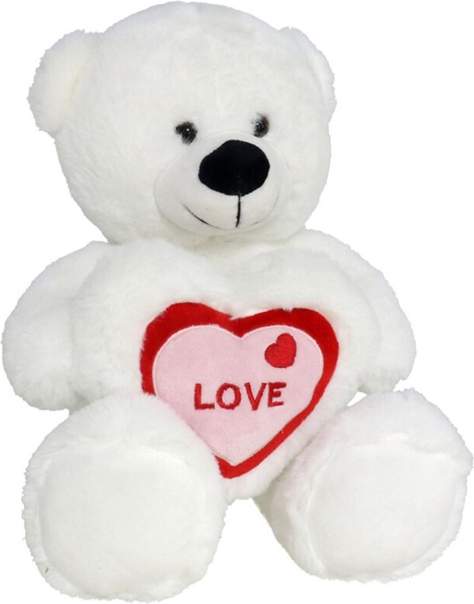 Gerim - Valentijnsdag Pluche knuffelbeer wit/rood Love hartje 30 cm