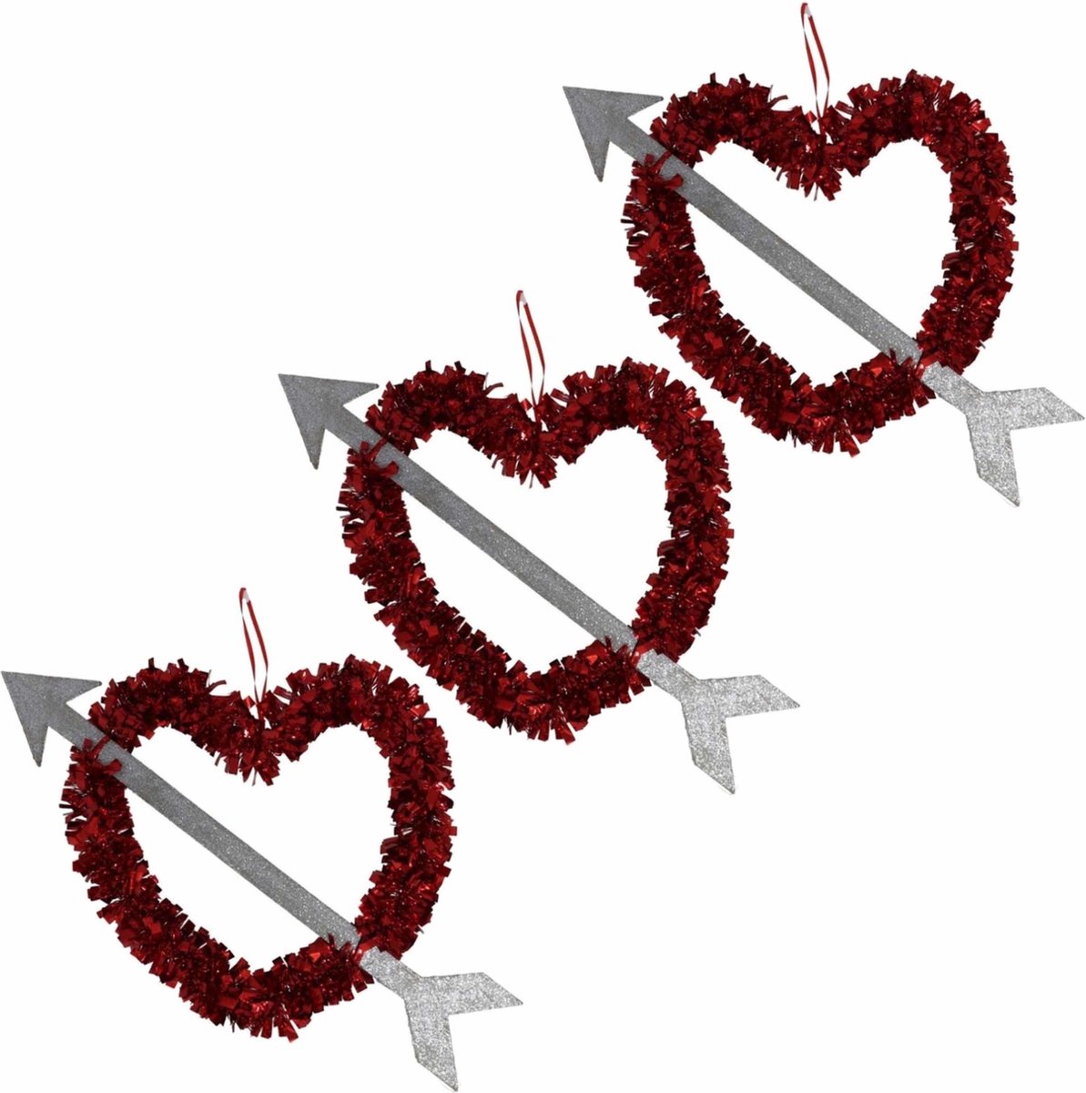 Valentijnsdag/bruiloft versiering hangend hart met pijl 45 cm - Lametta folie hangdecoratie hartjes