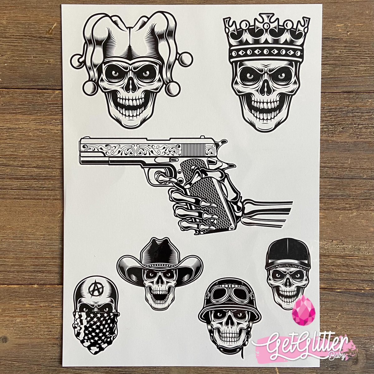   - Henna Plak Tattoos / Tijdelijke Tattoo / Nep Tatoeage / Fake Temporary Tattoo - Skulls & Gun