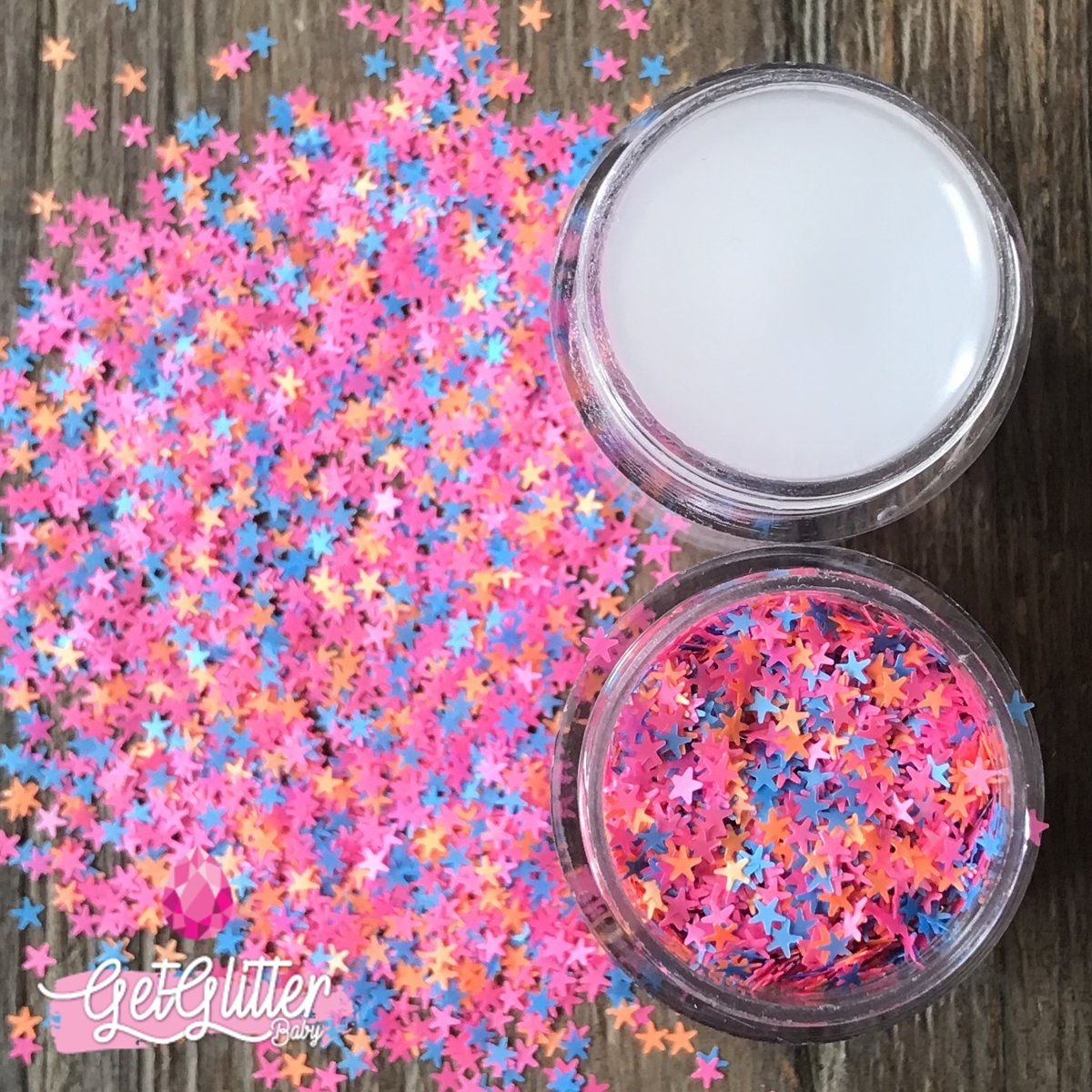 GetGlitterBaby Chunky Festival Glitter Sterretjes voor Lichaam en Gezicht - Roze / Blauw / Oranje - en Glitter HuidLijm