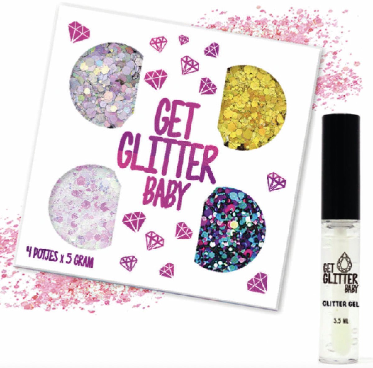 GetGlitterBaby® - 4 Potjes Glitter Set Chunky Festival Glitters voor Lichaam en Gezicht Glitterset / Face Body Glitterlijm Set / Bio Biologische Biodegradable - 4 Potjes - en Glitter Lijm HuidLijm / Zilver / Goud / Wit / Blauw / Paars / Zwart