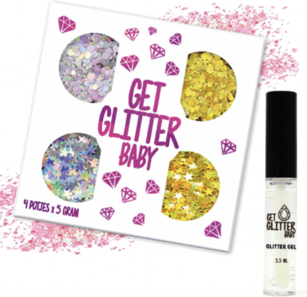 GetGlitterBaby® - 4 Potjes Glitter SetChunky Festival Glitters voor Lichaam en Gezicht Glitterset / Bio Biologische Biodegradable Carnaval Face Body Glitterlijm Set Tattoo / Gel Glittergel en Glitter Lijm HuidLijm / Zilver / Goud