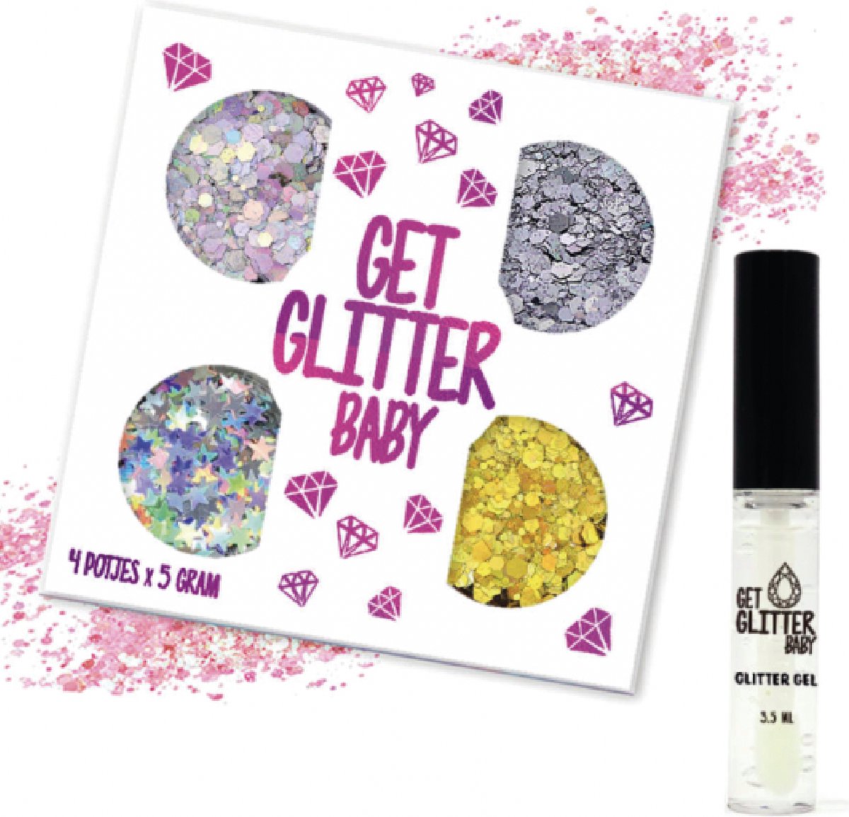 GetGlitterBaby® - 4 potjes Glitter Set Chunky Festival Glitters voor Lichaam en Gezicht Glitterset / Face Body Glitterlijm Set / Bio Biologische Biodegradable Gel Glittergel en Glitter Lijm HuidLijm Zilver / Goud