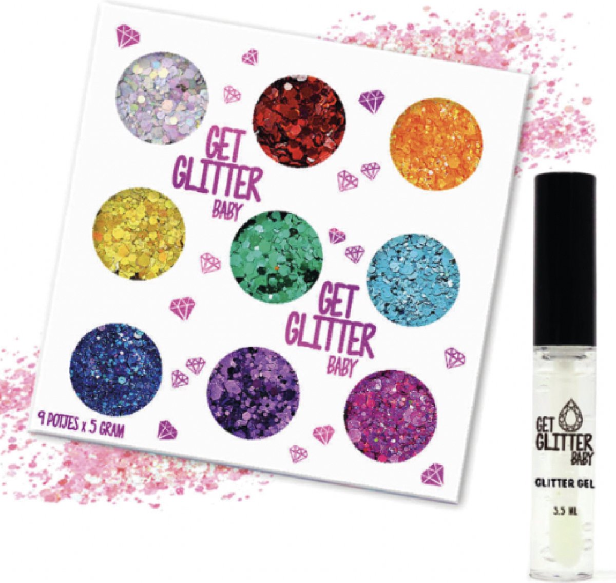 GetGlitterBaby® - 9 potjes Glitter Set Chunky Festival Glitters voor Lichaam en Gezicht Glitterset Face Body Pride Regenboog / Bio Biologische Biodegradable Glitter Lijm HuidLijm / Zilver / Rood / Oranje / Goud / Groen / Blauw / Paars / Roze