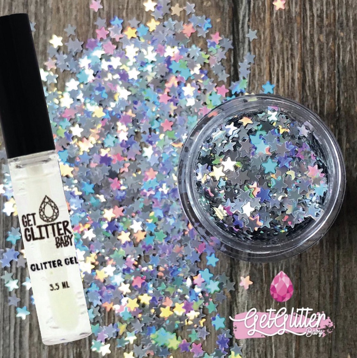 GetGlitterBaby® - Biologische / Biologisch afbreekbare Chunky Zilveren Festival Sterren Glitters voor Lichaam en Gezicht Jewels / Biodegradable Sterretjes Face Body Glittergel - Zilver Sterretjes en Glitter Gel HuidLijm