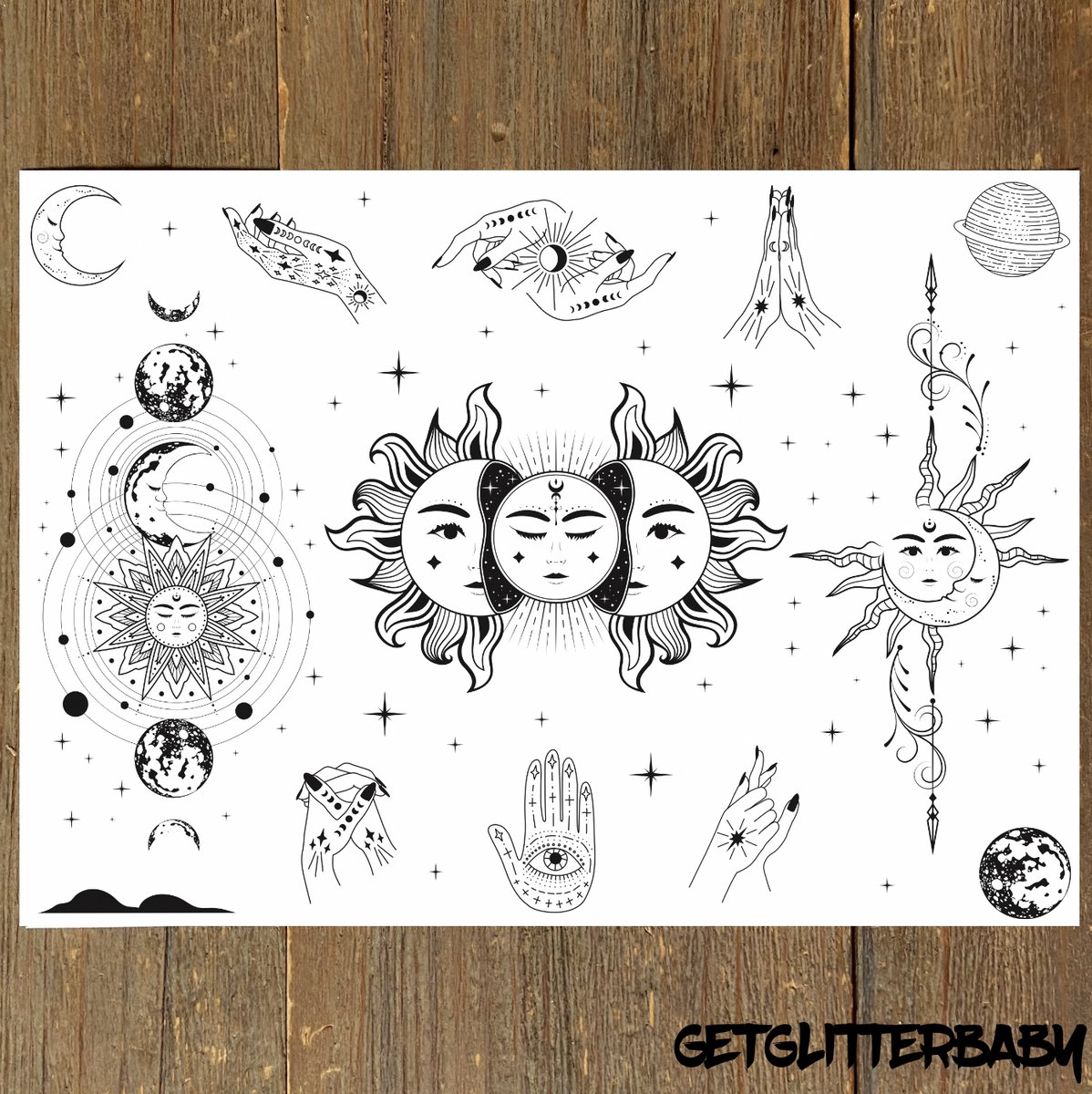 GetGlitterBaby® - Henna Plak Tattoos / Tijdelijke Tattoo / Nep Tatoeage / Fake Temporary Tattoo / Festival Tattoes / Temporary Face Body Glitter Tattoo Sticker - Mystical Sun