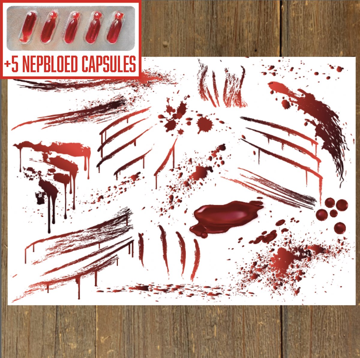 GetGlitterBaby® - Tattoo + Nep Bloed Capsules / Halloween Horror Decoratie Versiering / Carnaval Schmink Make Up Plak Tattoos / Tijdelijke Tattoo / Nep Tatoeage + Vloeibaar Dik Rood Bloed / Nepbloed / Nep Wond / Fake Kunst Blood - 5 Capsules