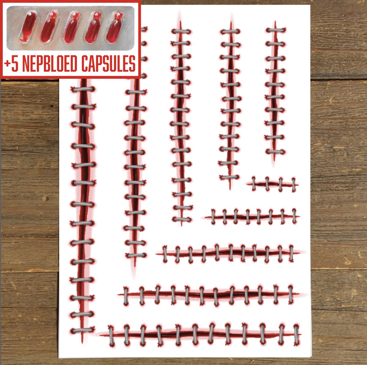 GetGlitterBaby® - Tattoo + Nep Bloed Capsules / Halloween Horror Decoratie Versiering Hechtingen / Carnaval Schmink Make Up Plak Tattoos / Tijdelijke Tattoo / Nep Tatoeage + Vloeibaar Dik Rood Nepbloed / Nep Wond / Fake Kunst Blood - 5 Capsules