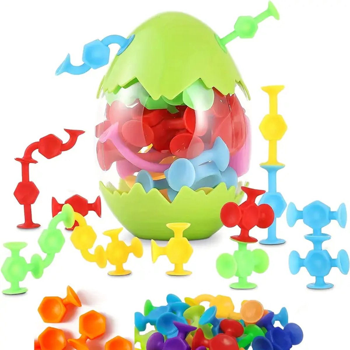 Kleurrijke Zuignap Speelgoedset – 48-delige Zachte Siliconen Bouwblokken in Eierschaal – Educatief Sensorisch Fidget Pop Speelgoed voor Kinderen – Ideaal voor Reizen & Cadeaus – Fantasierijk Spel - Duurzaam TPR Materiaal