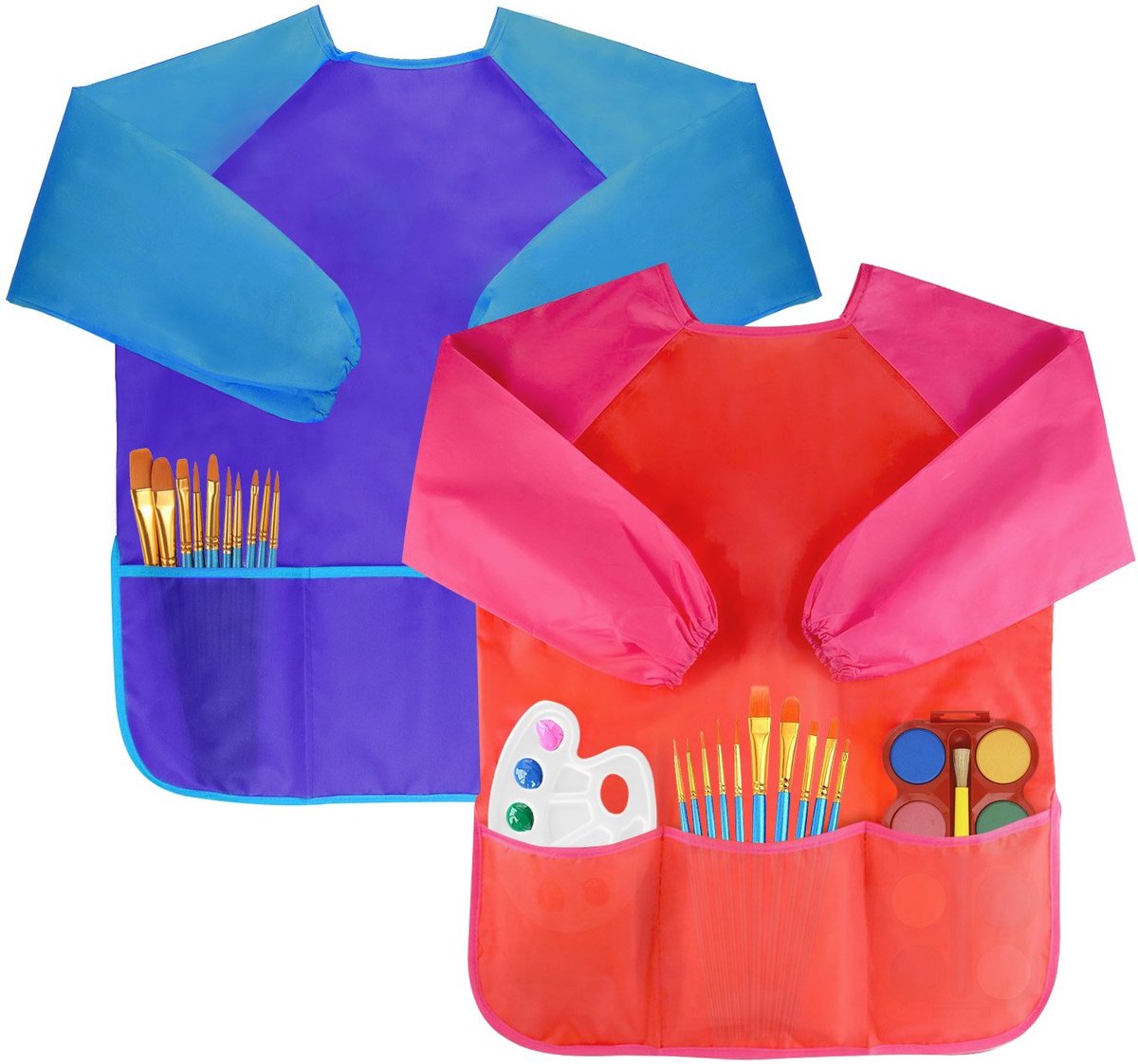 Gigicial Kinderschorten - Waterdicht polyester-nylon materiaal - Lange mouwen, met 3 grote zakken aan de voorkant, vlekbestendig en snel drogend - 2-pack - Geschikt voor thuis en op school, geel en blauw