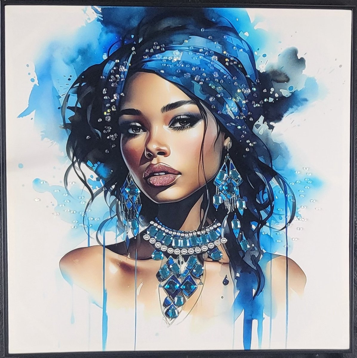Canvas - Lady in Blue schilderij - Strass schilderij - Fashion - 82x82cm hoogglans