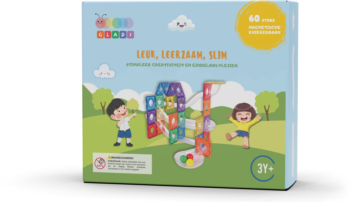 Gladi 60-Delige Knikkerbaan - Magnetisch Speelgoed Knikkerbaan - Magnetic Tiles - STEM Speelgoed voor 3 t/m 12 Jaar - Magnetische Tegels - Magnetische Bouwstenen - Educatief Speelgoed - Speelgoed Cadeau