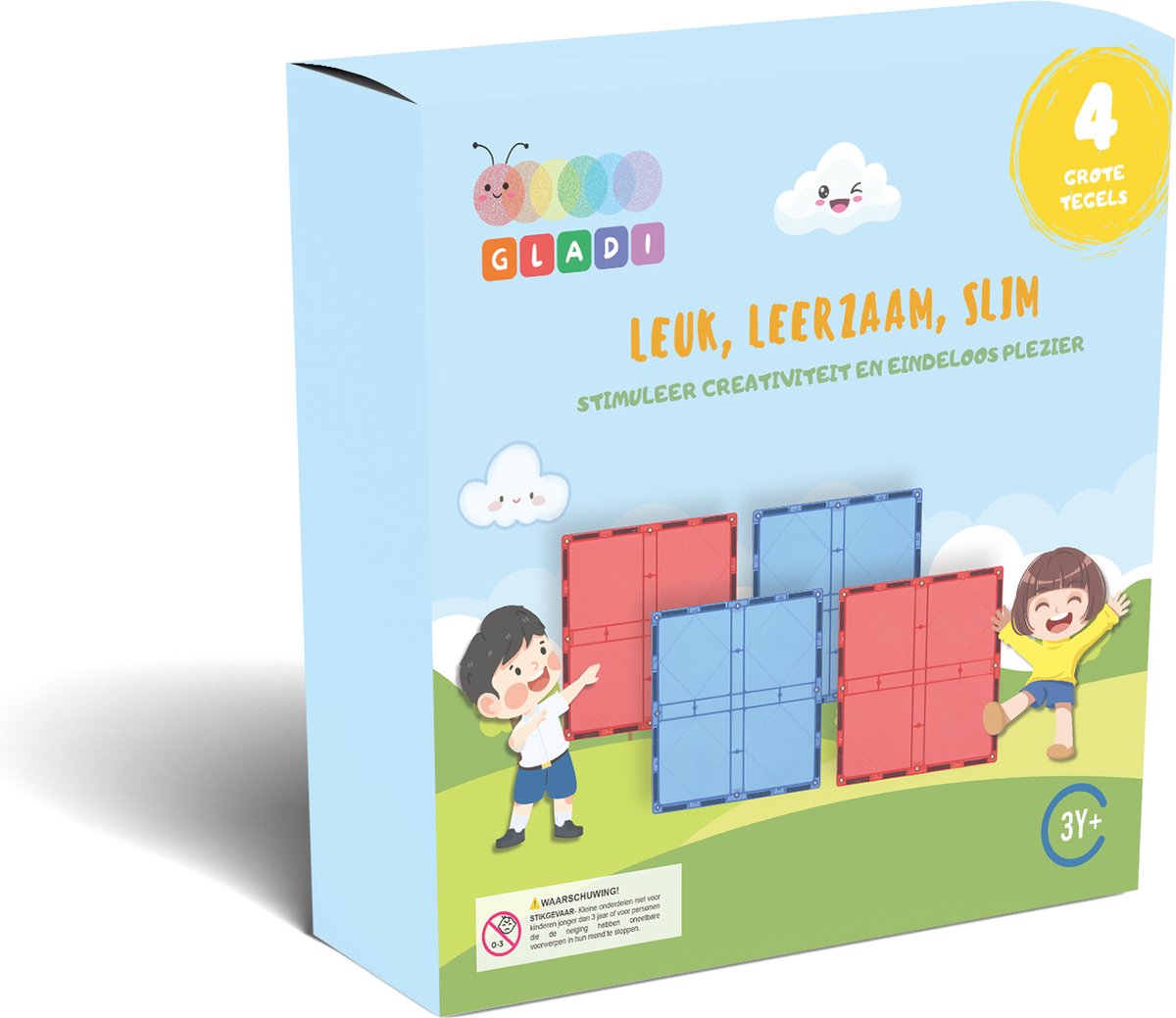 Gladi Tiles 4 Stuks Grote Tegels - Uitbreidingsset Magnetisch Speelgoed - Magnetic Tiles - STEM Speelgoed voor 3 t/m 12 Jaar - Magnetische Tegels - Educatief Bouwspeelgoed