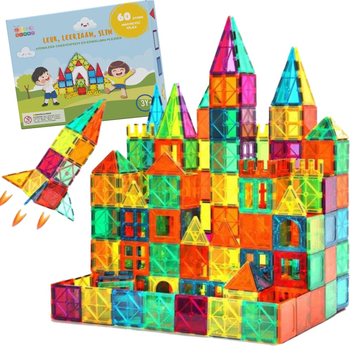 Gladi Tiles 60 Stuks - Magnetisch Speelgoed - Constructie speelgoed - STEM Speelgoed voor Kinderen - Bouwset vanaf 3 jaar - Speelgoed Cadeau
