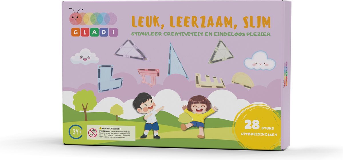 Gladi Tiles Pastel 28 Stuks Magnetisch Speelgoed Uitbreidingsset - Magnetic Tiles - STEM Speelgoed voor 3 t/m 12 Jaar - Magnetische Tegels - Educatief Bouwspeelgoed