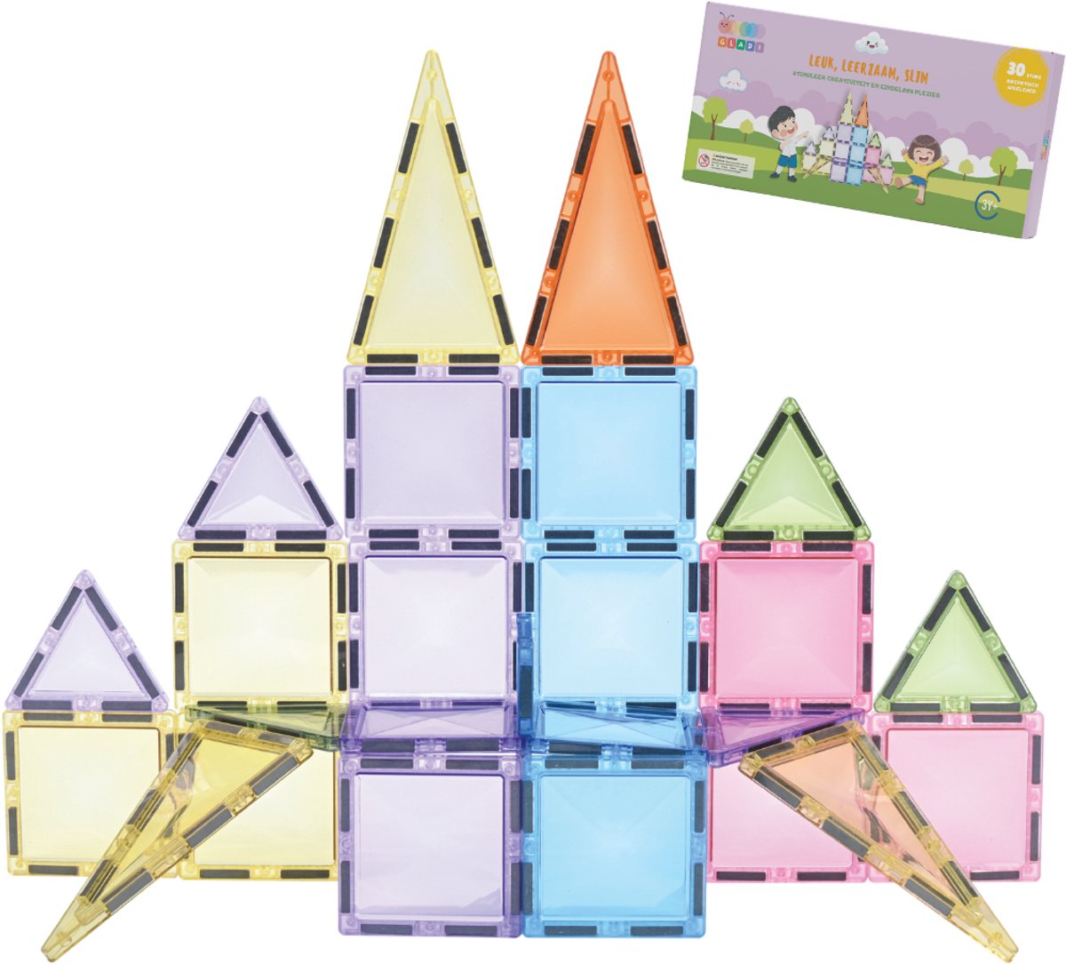 Gladi Tiles Pastel 30 Stuks - Magnetisch Speelgoed - Constructie speelgoed - STEM Speelgoed voor Kinderen - Bouwset vanaf 3 jaar