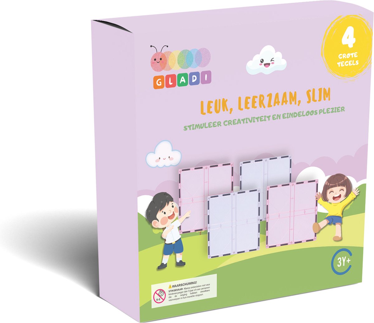 Gladi Tiles Pastel 4 Stuks Grote Tegels - Uitbreidingsset Magnetisch Speelgoed - Magnetic Tiles - STEM Speelgoed voor 3 t/m 12 Jaar - Magnetische Tegels - Educatief Bouwspeelgoed