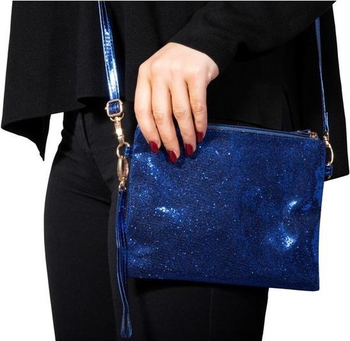 Blauw glitter feest tasje/ schouertasje - Blauwe Toppers verkleed/ carnaval accessoires