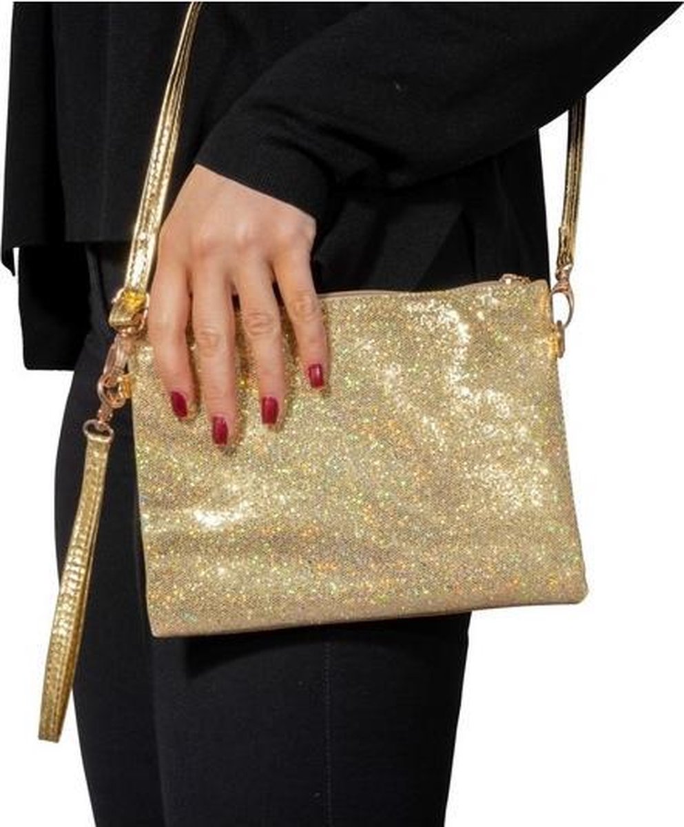 Gouden glitter feest tasje/ schouertasje - Gouden verkleed/ carnaval accessoires
