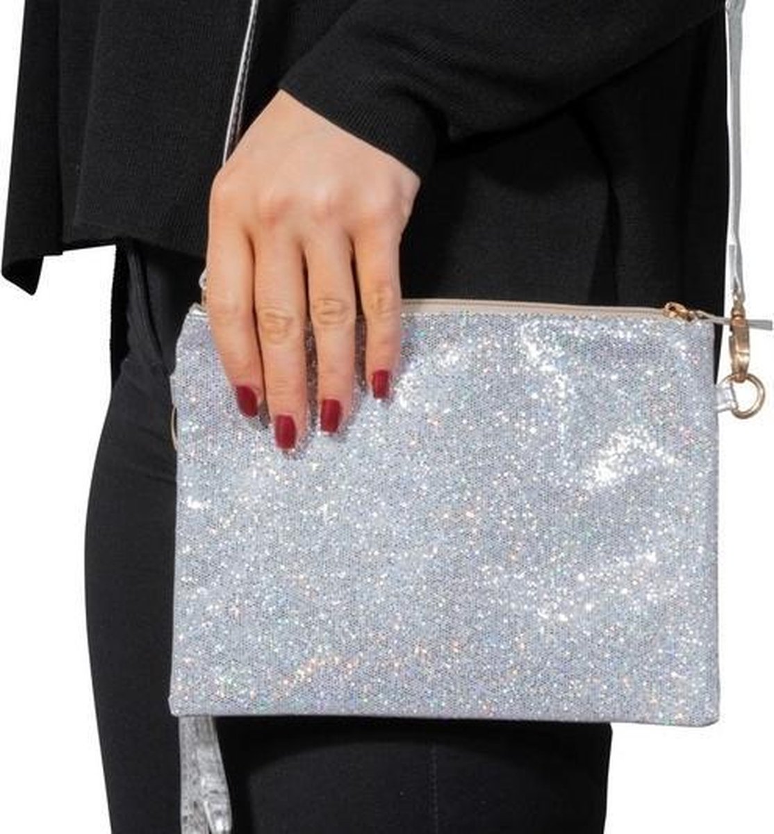 Zilveren glitter feest tasje/ schouertasje - Zilveren Toppers verkleed/ carnaval accessoires