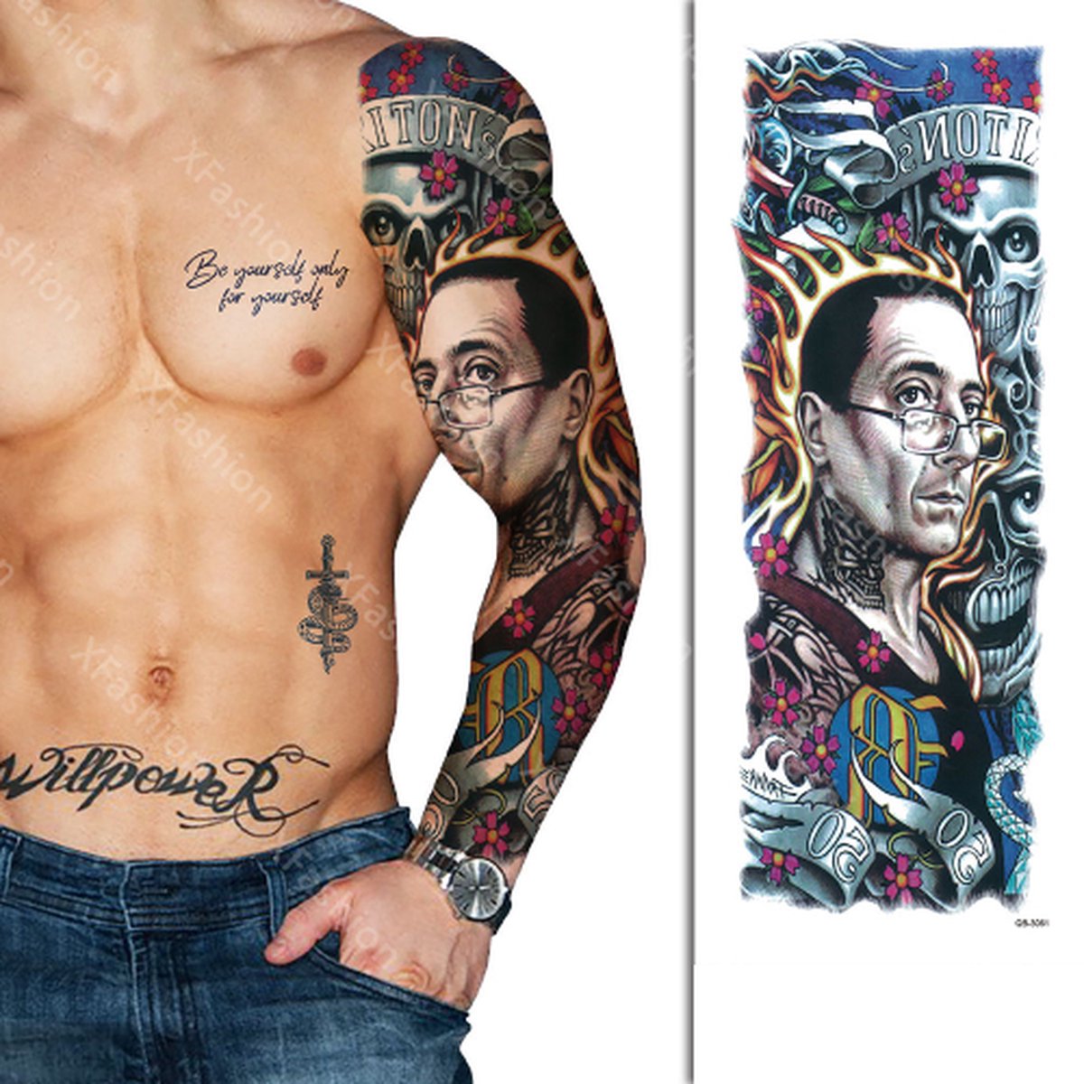 Tattoo Sleeve - Japan Azië Masker Bloemen Vis Karper - Neptattoo Lichaam en Gezicht - Tijdelijke Henna Plak Tattoos - Nep Tatoeage - Fake Temporary Tattoo - Festival Make-up Outfit Volwassenen Kinderen