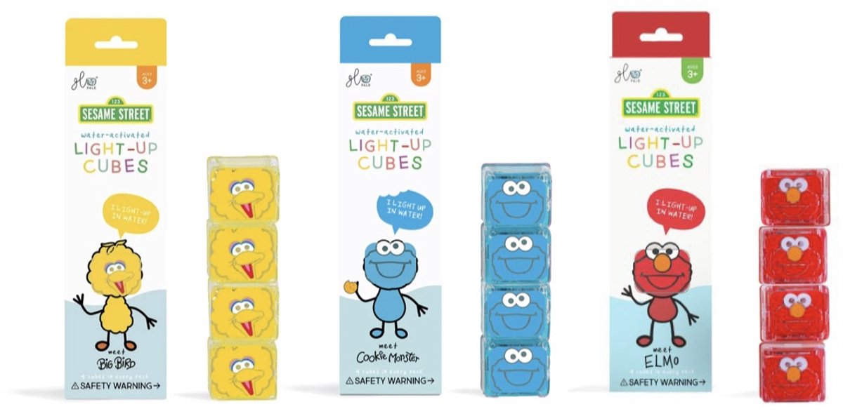 Glo Pals light-up cubes - VOORDEELSET - Sesamstraat - Cookie monster - Elmo - Big Bird - Sensory play - Blauw/rood/geel - badspeelgoed - 3 pack - 12 cubes