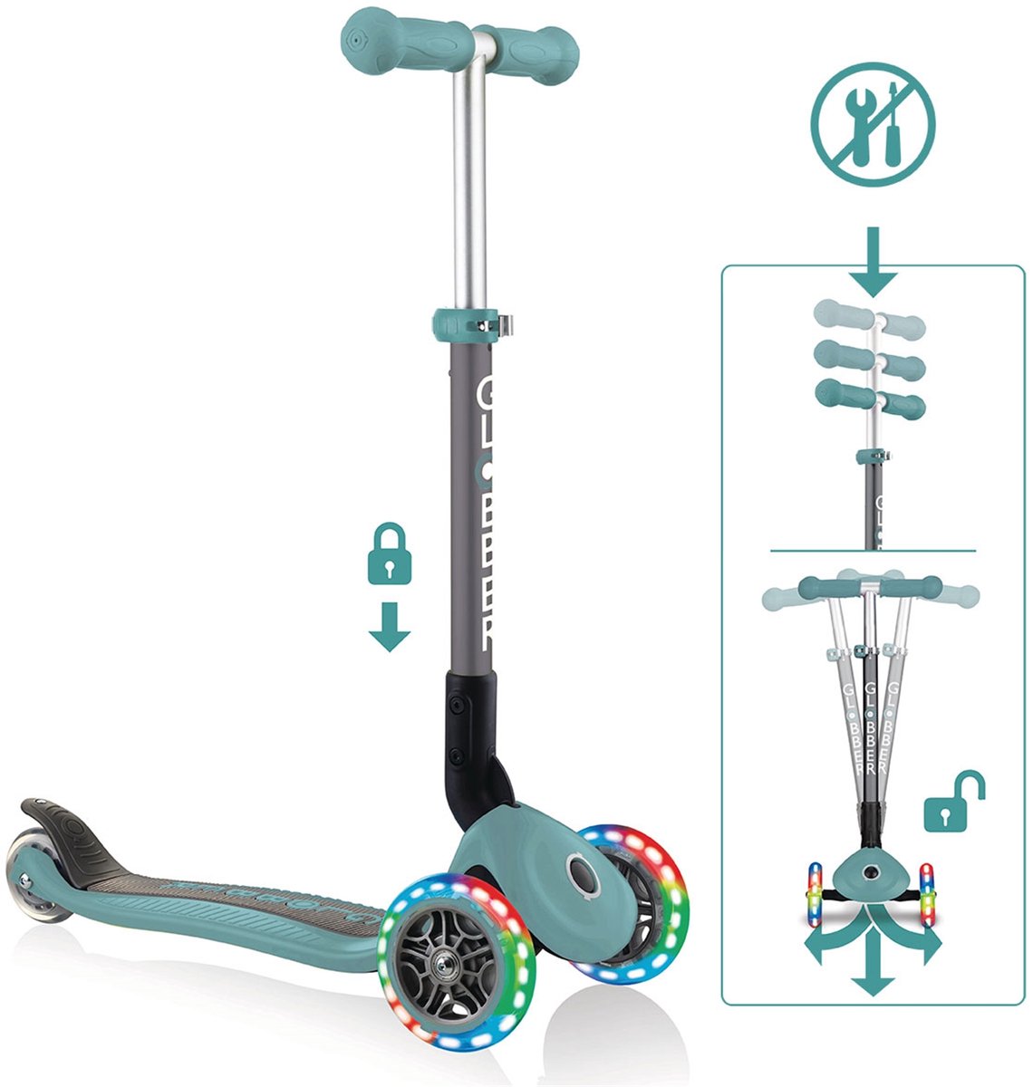 GLOBBER PRIMO FOLDABLE LIGHTS - Kinderstep, 120/80 mm, ABEC 5, 3 wielen, LED wielen