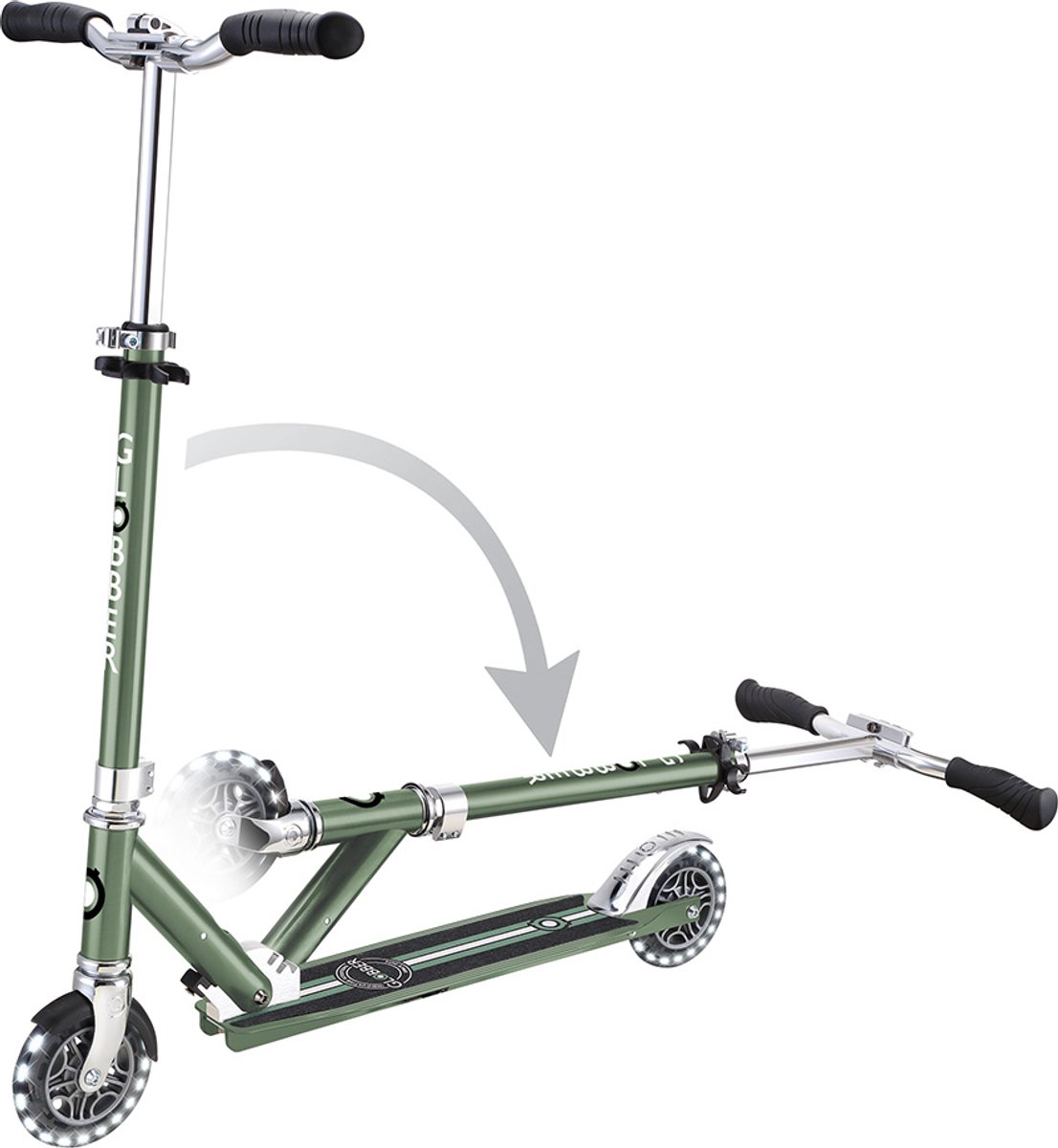 Kinderstep - Globber Flow - Groen/chrome - Lichtgevende wielen - Vouwbaar - Vanaf 5 jaar