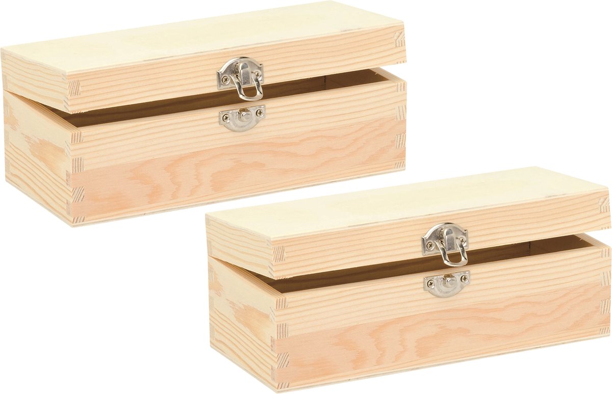 Glorex hobby schatkistje met sluiting en deksel - 2x - hout - 20 x 8 x 7 cm - Sieraden/spulletjes/sleutels - Opberg kistjes